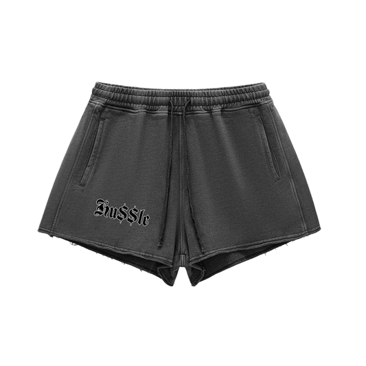 "Hussle" Snow Washed Raw Edge Drawstring Shorts